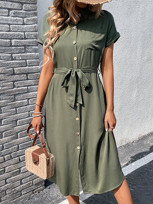 Momentlover Solid Color Ribbed Short Sleeves Loose Lapel Midi Dresses