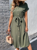Momentlover Solid Color Ribbed Short Sleeves Loose Lapel Midi Dresses