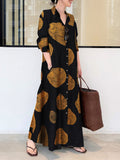 Momentlover Split-Joint Printed Loose Long Sleeves Lapel Shirt Dress Maxi Dresses