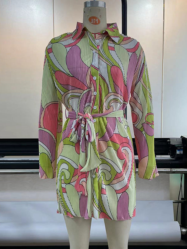 Momentlover Tied Waist Printed Pleated Buttoned Loose Long Sleeves Lapel Mini Dresses