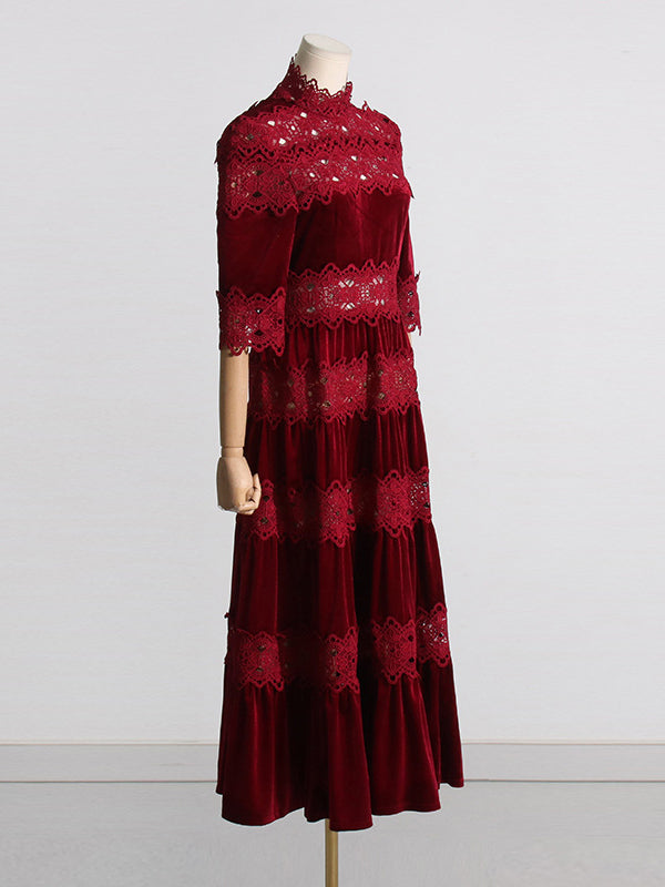 Momentlover Split-Joint Solid Color Hollow Embroidered High Waisted Half Sleeves High Neck Maxi Dresses