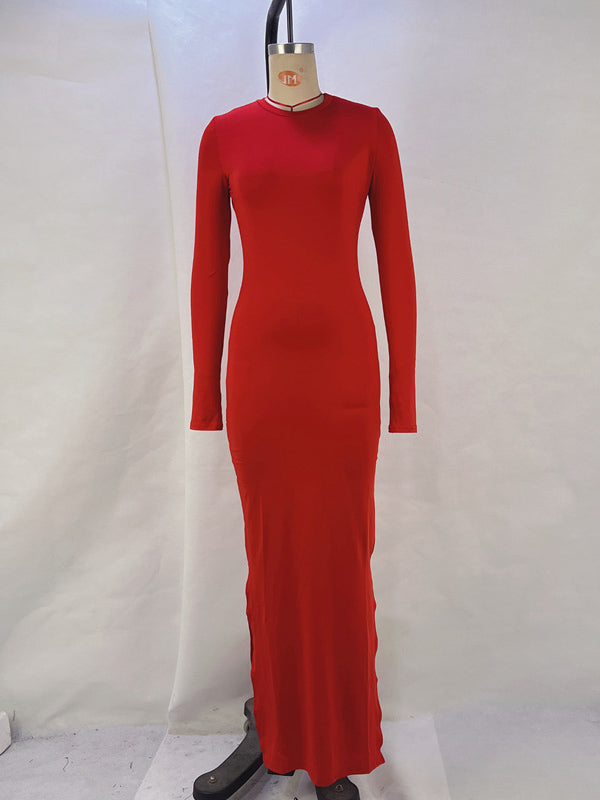 Momentlover Split-Side Solid Color Long Sleeves Bodycon Round-Neck Maxi Dresses