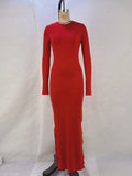 Momentlover Split-Side Solid Color Long Sleeves Bodycon Round-Neck Maxi Dresses