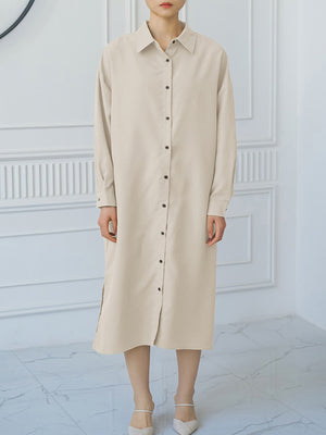 Momentlover Split-side Buttoned Three-quarter Sleeves Loose Lapel Shirt Dress Midi Dresses
