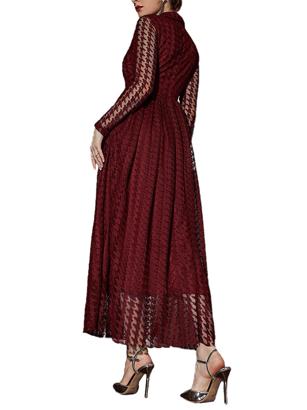 Momentlover Solid Color See-Through Gauze Buttoned Long Sleeves High Waisted V-Neck Maxi Dresses