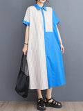 Momentlover Striped Split-Joint Asymmetric Short Sleeves Loose Lapel Shirt Dress Midi Dresses