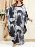 Momentlover Printed Contrast Color Loose Long Sleeves Round-Neck Maxi Dresses