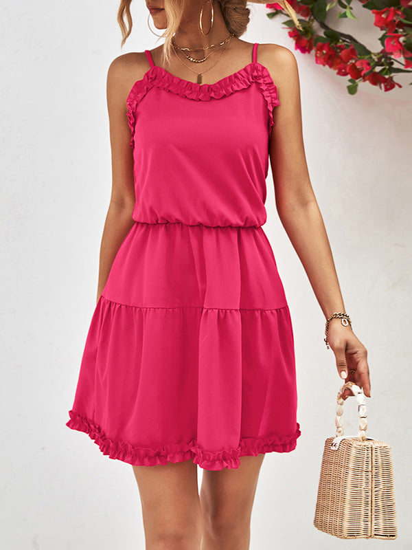 Momentlover Solid Color Falbala Sleeveless Loose Spaghetti-Neck Mini Dresses