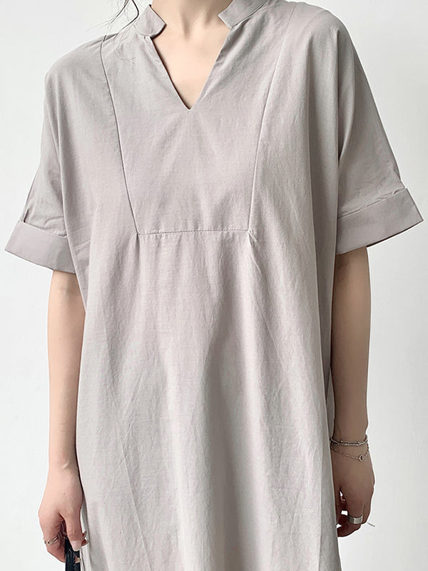 Momentlover Solid Color Short Sleeves Loose V-Neck Maxi Dresses