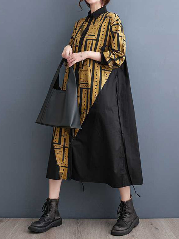 Momentlover Warp Knitting Printed Contrast Color Asymmetric Loose Long Sleeves Lapel Shirt Dress Midi Dresses