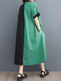 Momentlover Striped Split-Joint Asymmetric Short Sleeves Loose Lapel Shirt Dress Midi Dresses