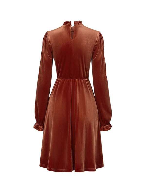 Momentlover Velvet Solid Color Ruffled Hollow Ruffle Sleeves Loose Mock Neck Mini Dresses