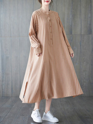 Momentlover Striped Split-Side Buttoned Loose Long Sleeves Round-Neck Shirt Dress Midi Dresses