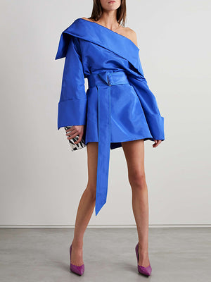 Momentlover Zipper Solid Color Hollow Belted Wrap Long Sleeves One-Shoulder Mini Dresses