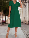 Momentlover Split-Joint Solid Color Pleated Knot Elasticity Short Sleeves Puff Sleeves V-neck Midi Dresses