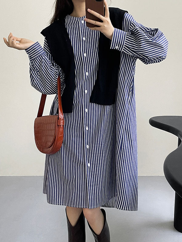 Momentlover Striped Raglan Sleeve Loose Round-Neck Shirt Dress Midi Dresses