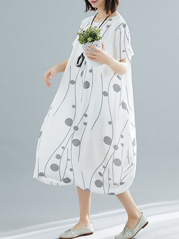Momentlover Printed Short Sleeves Loose Round-neck Midi Dresses