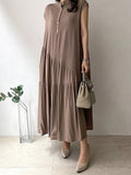 Momentlover Tiered Split-Joint Solid Color Ruffled Pleated Buttoned Sleeveless Loose Stand Collar Midi Dresses