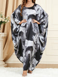 Momentlover Printed Contrast Color Loose Long Sleeves Round-Neck Maxi Dresses