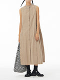 Momentlover Solid Color Pleated Sleeveless Loose Stand Collar Shirt Dress Midi Dresses