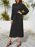 Momentlover Tied Waist Solid Color Pleated Hollow Long Sleeves High Waisted Mock Neck Midi Dresses