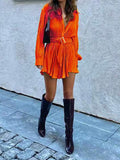 Momentlover Tied Waist Solid Color Pleated Buttoned Long Sleeves Lapel Shirt Dress Mini Dresses