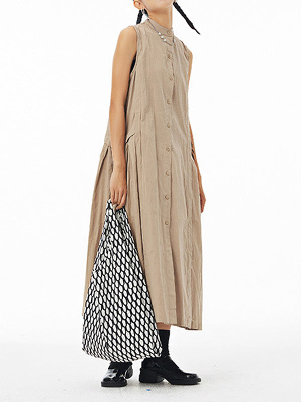 Momentlover Solid Color Pleated Sleeveless Loose Stand Collar Shirt Dress Midi Dresses