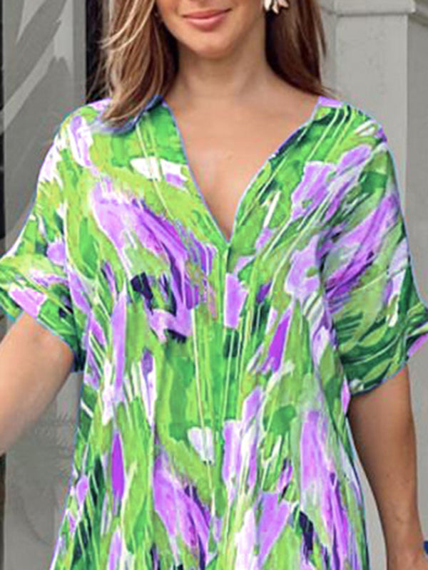 Momentlover Printed Multi-Colored Short Sleeves Loose V-neck Maxi Dresses