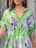 Momentlover Printed Multi-Colored Short Sleeves Loose V-neck Maxi Dresses