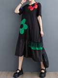 Momentlover Split-Joint Floral Printed Short Sleeves Loose Round-neck Midi Dresses