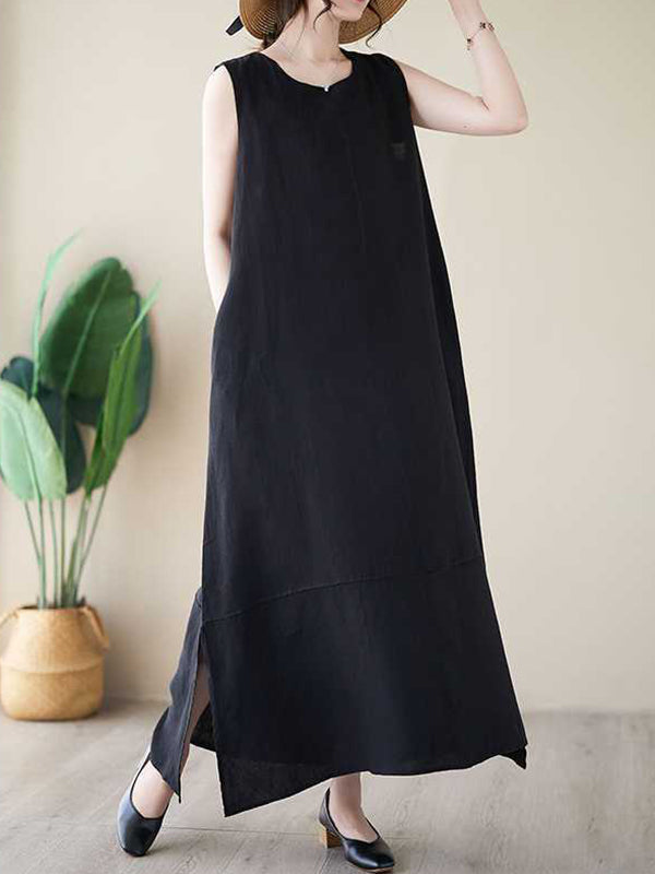 Momentlover Solid Color Sleeveless Loose Round-Neck Midi Dresses