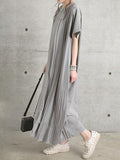 Momentlover Split-Joint Solid Color Pleated Short Sleeves Loose Round-Neck Midi Dresses