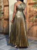 Momentlover Solid Color Shiny Pleated Asymmetric Sleeveless Plus Size One-shoulder Maxi Dresses