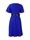 Momentlover Solid Color Belted Puff Sleeves Plus Size Round-neck Midi Dresses