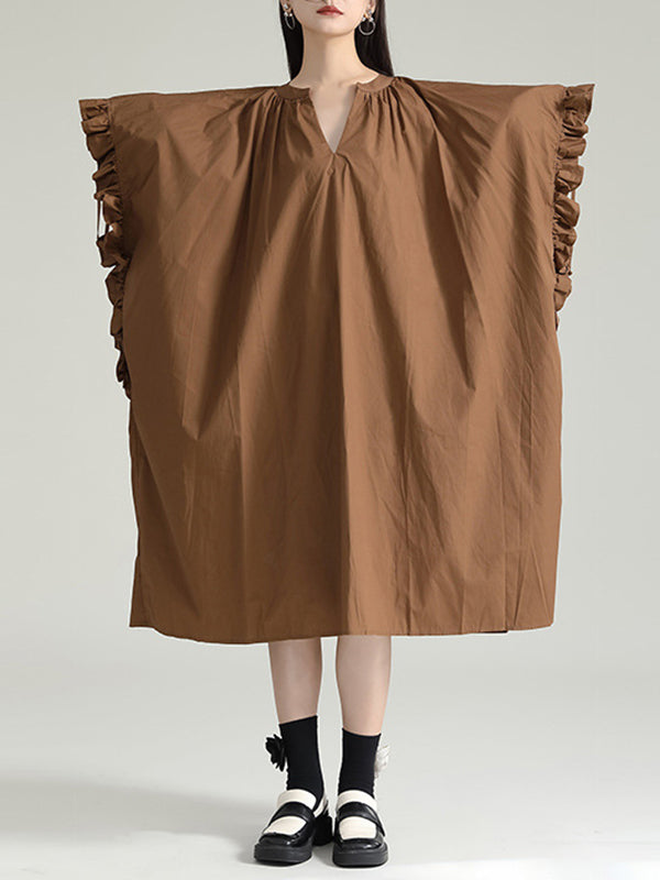 Momentlover Solid Color Pleated Drawstring Adjustable Short Sleeves Raglan Sleeve V-Neck Shirt Dress Midi Dresses