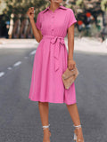 Momentlover Tied Waist Solid Color Buttoned Short Sleeves High Waisted Lapel Collar Shirt Dress Midi Dresses