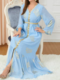 Momentlover Tied Waist Split-Joint Split-Front Printed Pleated Loose Long Sleeves V-Neck Maxi Dresses