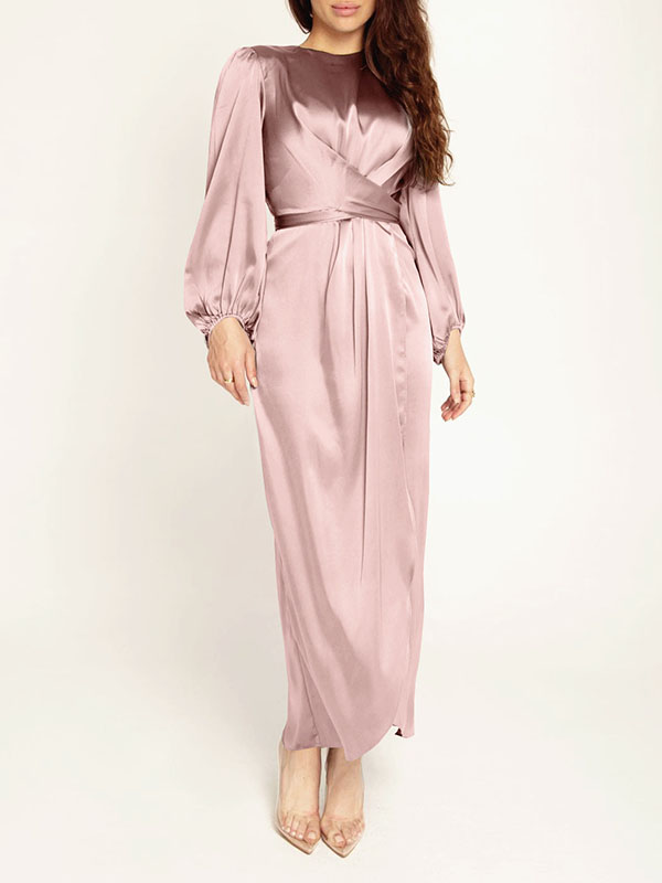 Momentlover Zipper Tied Waist Solid Color High-Waisted Wrap Round-neck Maxi Dresses