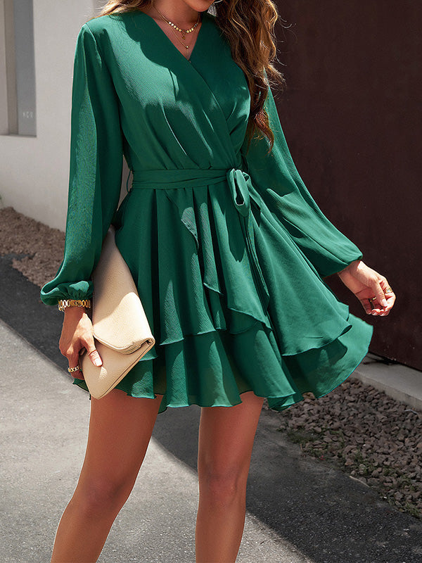 Momentlover Tied Waist Solid Color Ruffled Puff Sleeves Loose V-Neck Mini Dresses