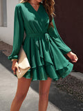 Momentlover Tied Waist Solid Color Ruffled Puff Sleeves Loose V-Neck Mini Dresses