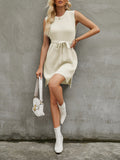 Momentlover Tied Waist Split-Joint Solid Color Sleeveless Loose Round-Neck Sweater Dresses Mini Dresses