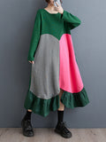 Momentlover Split-Joint Split-front Pleated Contrast Color Loose Long Sleeves Round-neck Midi Dresses