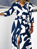 Momentlover Tied Waist Printed Buttoned Loose Long Sleeves V-neck Shirt Dress Maxi Dresses
