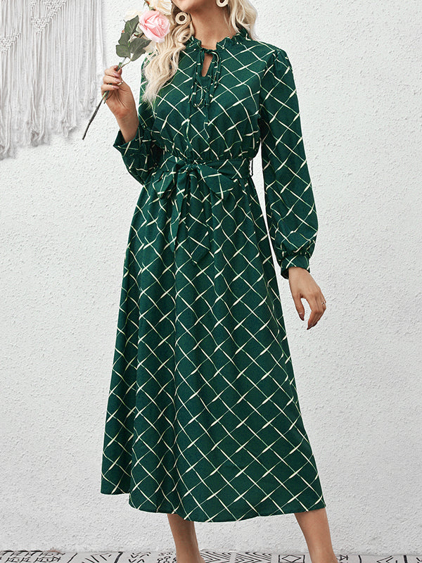 Momentlover Tied Waist Split-Joint Pleated Lace-Up Puff Sleeves Loose Stand Collar Midi Dresses