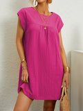 Momentlover Solid Color Pleated Loose Cap Sleeve Round-neck Mini Dresses