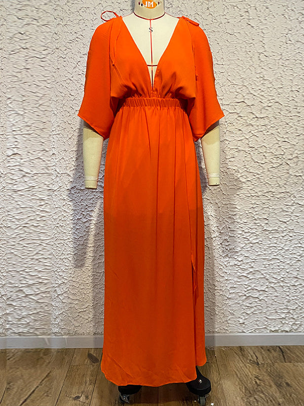Momentlover Split-front Solid Color Loose Batwing Sleeves Deep V-Neck Maxi Dresses