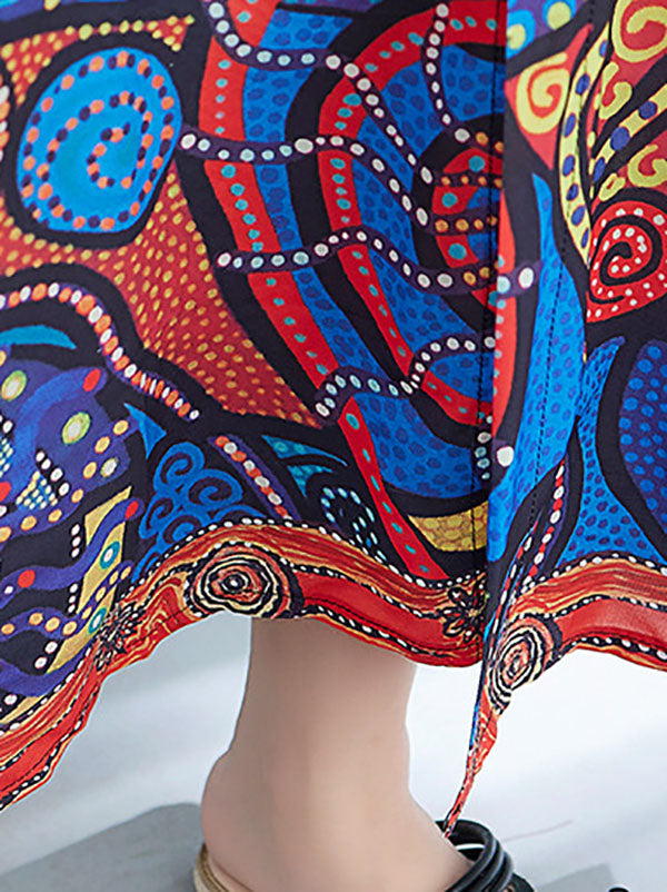 Momentlover Printed Loose Batwing Sleeves Lapel Midi Dresses