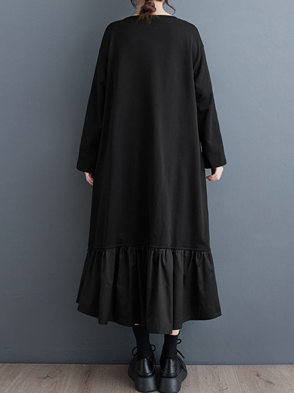 Momentlover Split-Joint Split-front Pleated Contrast Color Loose Long Sleeves Round-neck Midi Dresses