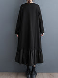 Momentlover Split-Joint Split-front Pleated Contrast Color Loose Long Sleeves Round-neck Midi Dresses