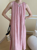 Momentlover Solid Color Pleated Sleeveless Loose Round-Neck Midi Dresses